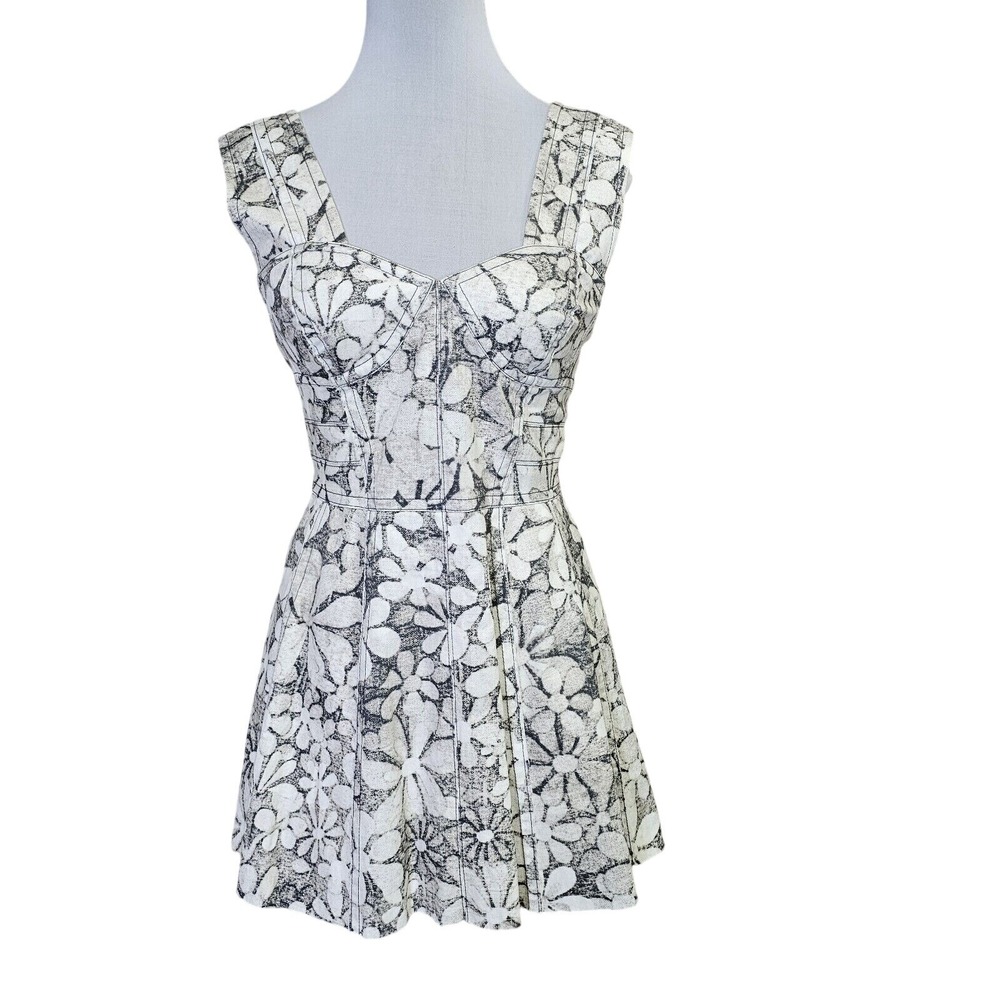 Marc Jacobs Womens 4 Grey & White Floral Fit‎ Flare Bustier Dress Raw Hem